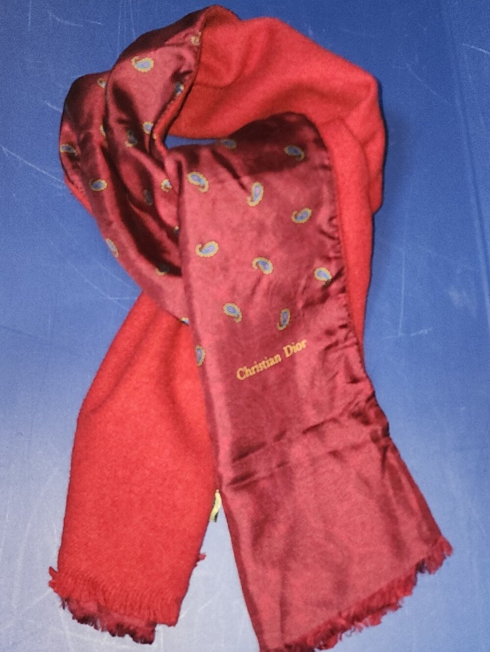 Vintage Christian Dior Authenticated Red Paisley Silk & Wool Scarf